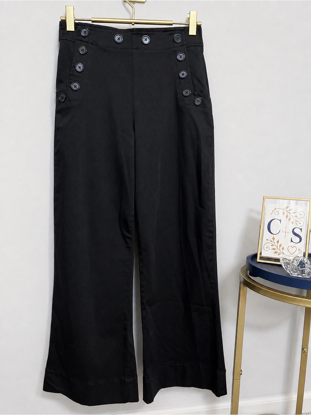 Level 99 Black Sailor Button Cropped Wide Leg Trousers Hi Rise | Classic Neutral - Picture 7 of 9